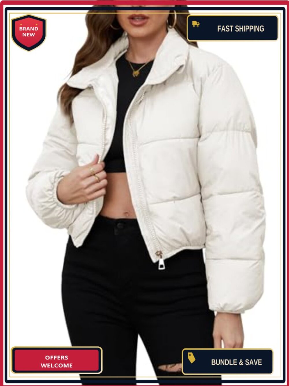 Women Cropped Puffer Jacket Short Quilted Full Zip Winter Coat